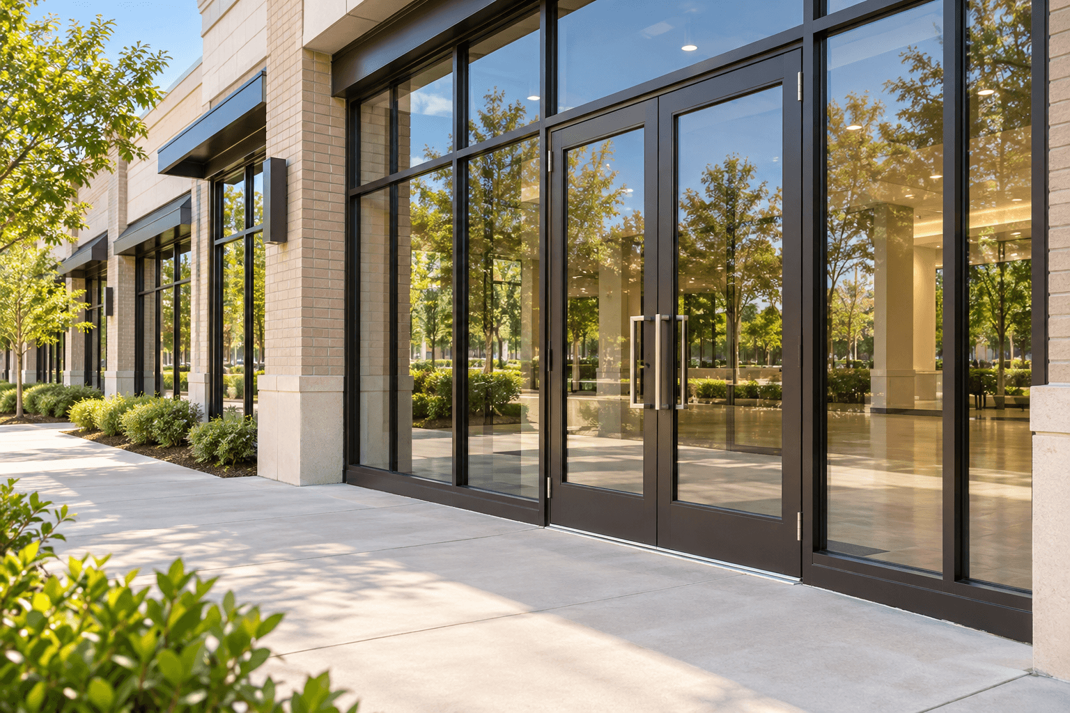 Illustrative modern storefront with aluminum-framed glass entrance doors